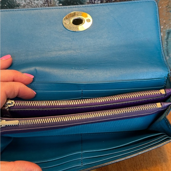 COACH Textured Leather Slim Envelope Wallet w/Pop-Up Pouch: Teal & Purple - Picture 12 of 16